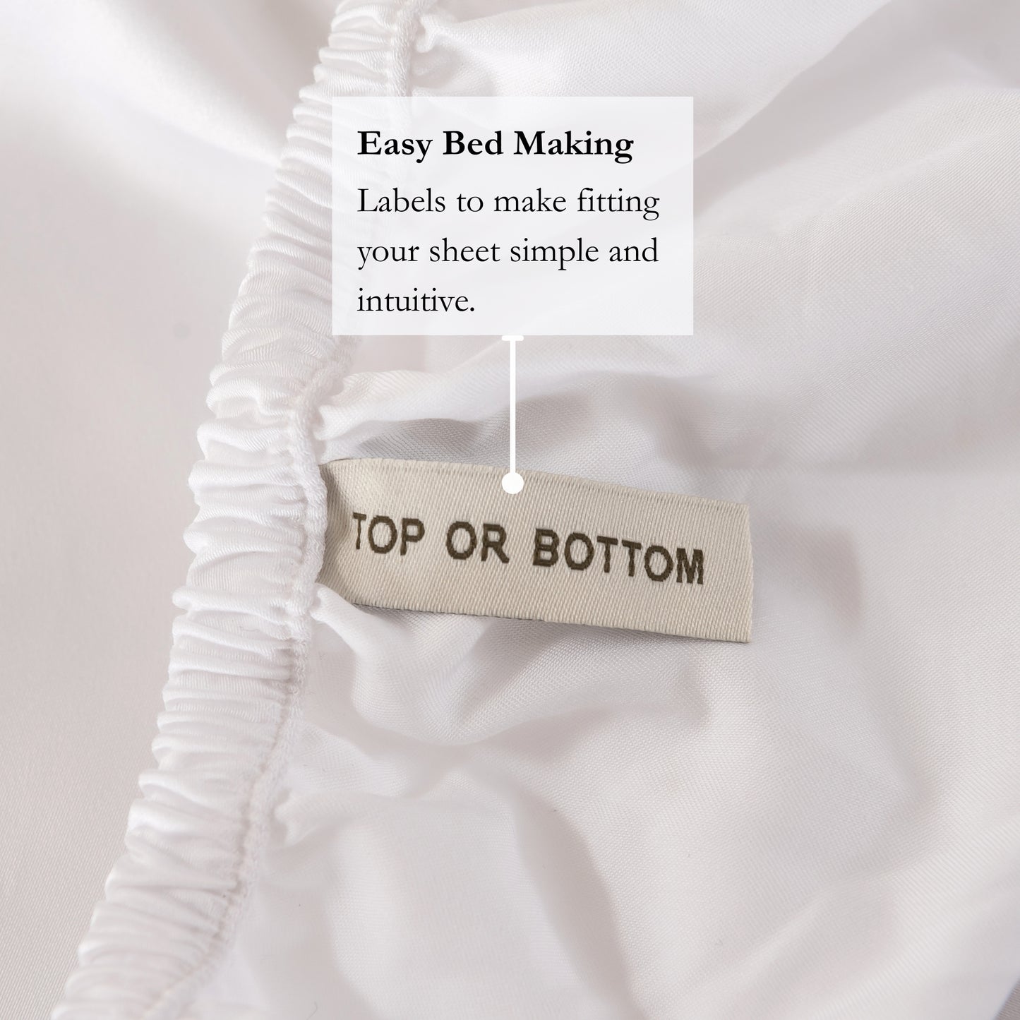 bamboo fitted sheet in white with labels for easy bed making/ top or bottom 