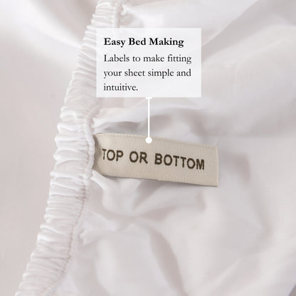 bamboo fitted sheet in white with labels for easy bed making/ top or bottom 
