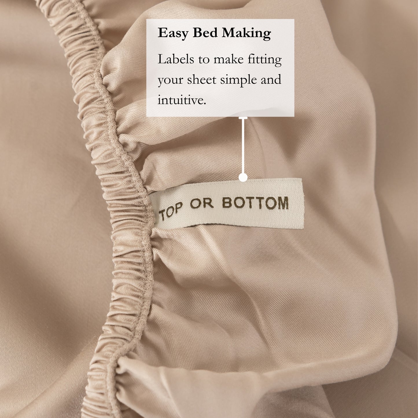 Beige fitted sheet with 'Top or Bottom' label and text about easy bed making.