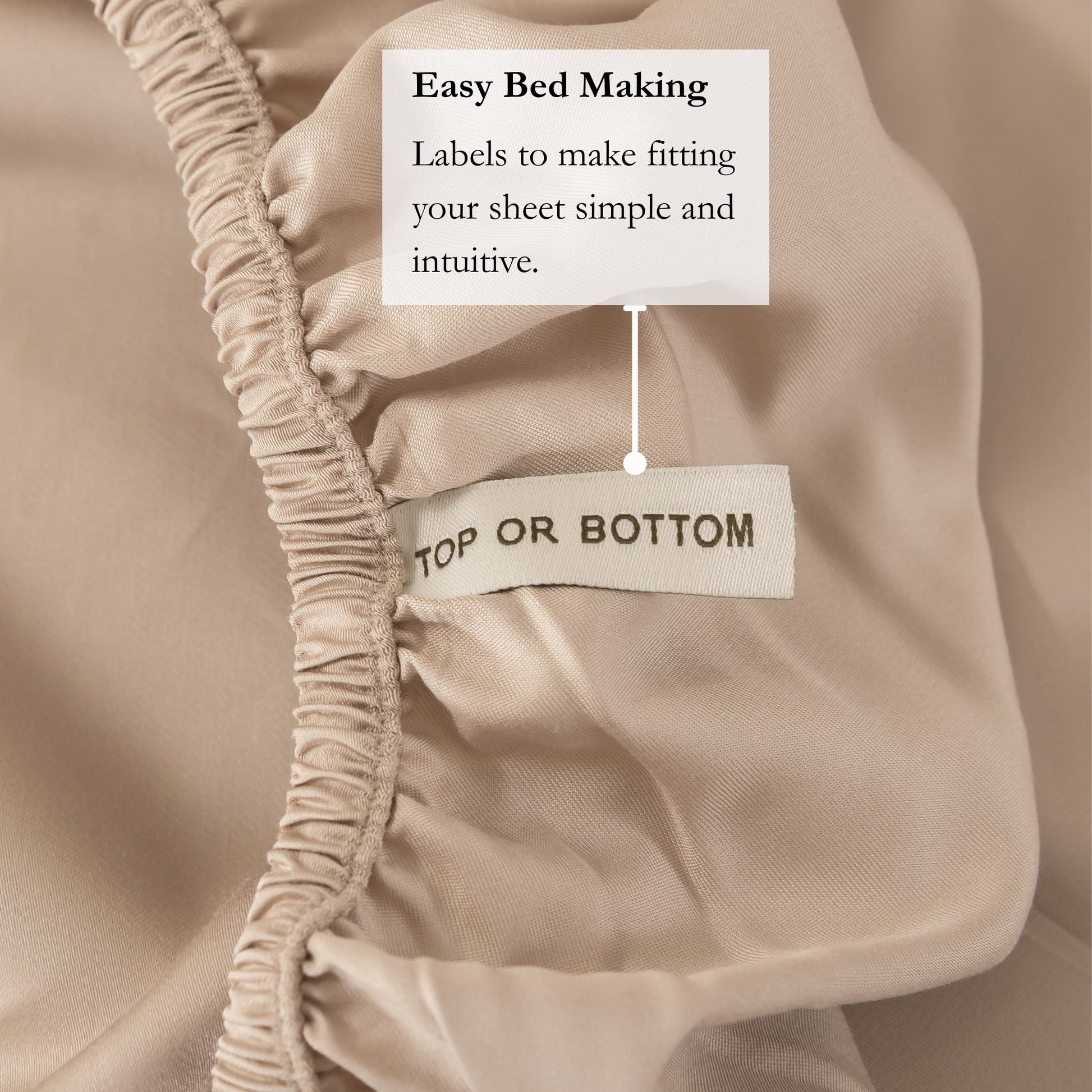 Beige fitted sheet with 'Top or Bottom' label and text about easy bed making.