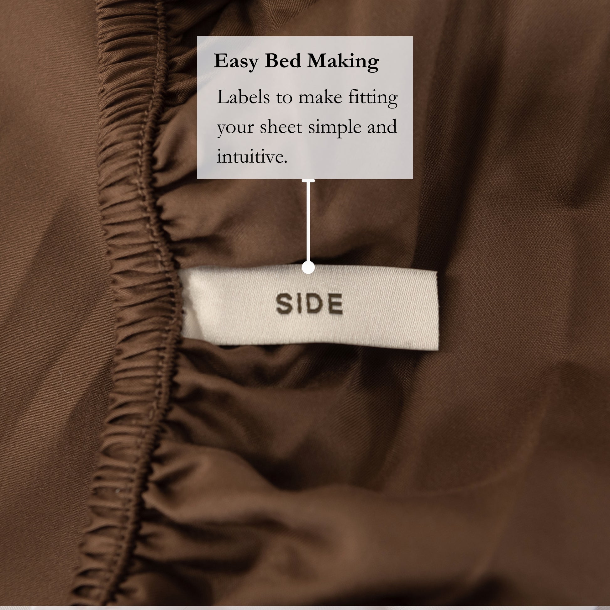 Brown fitted sheet with 'SIDE' label and text about easy bed making.