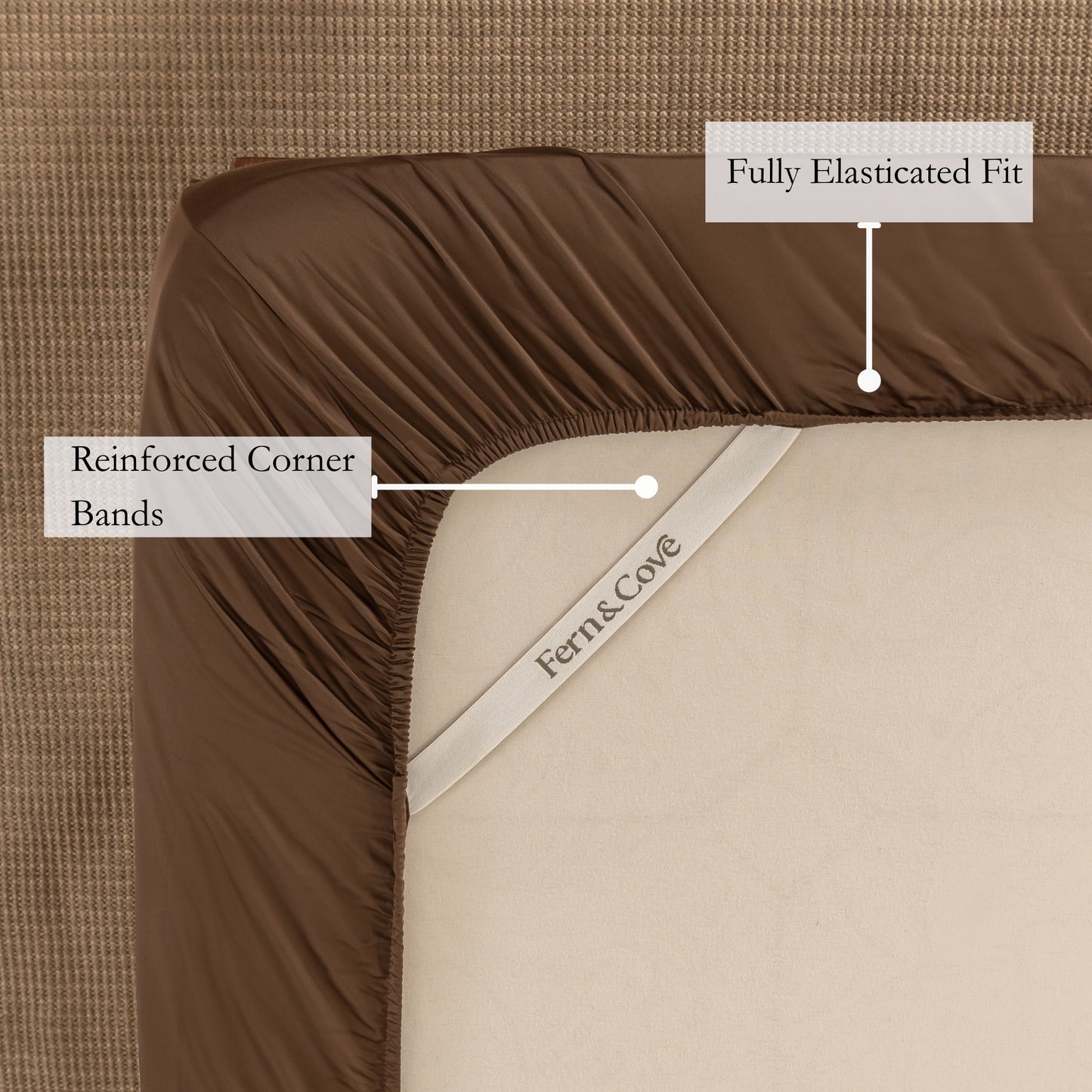 Brown fitted sheet with fully elasticated sheet with corner bands for extra grip