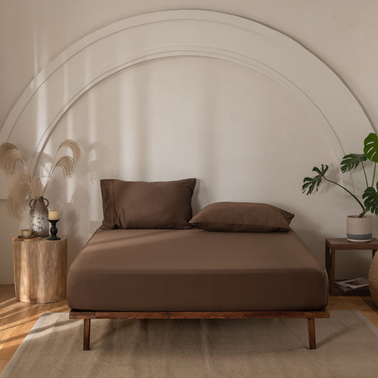 Cocoa bamboo fitted sheet in a rich earthy brown colour.