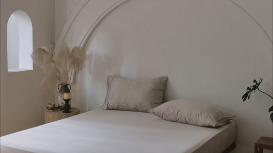 Luxury sand bamboo fitted sheet with breathable temperature-regulating fabric.